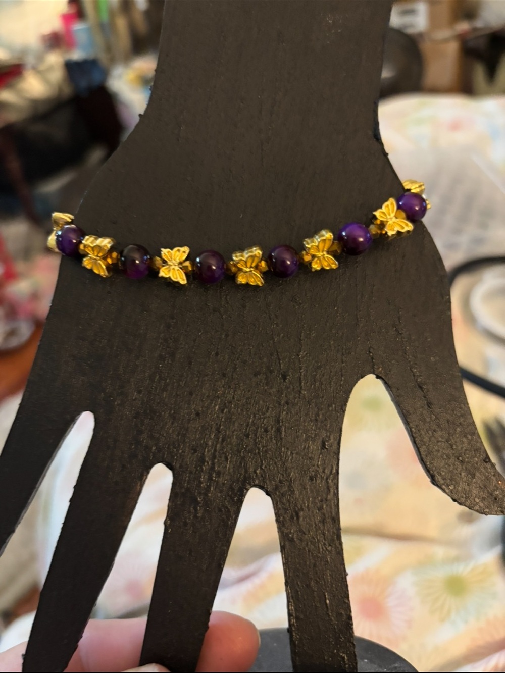 Purple Beaded Bracelet with Gold Floral Accents